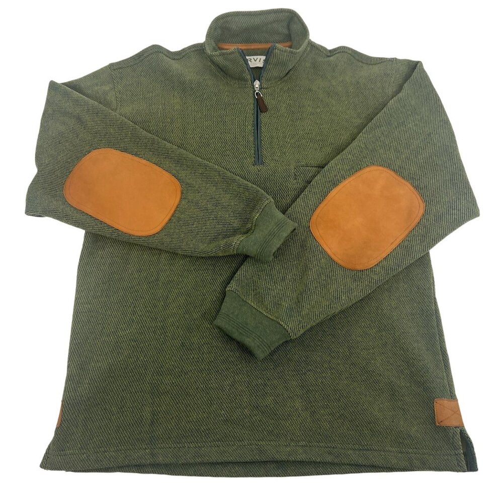 ORVIS Men's Olive Green 1/4‎ Zip Pullover Sweater With Brown Elbow Patches M